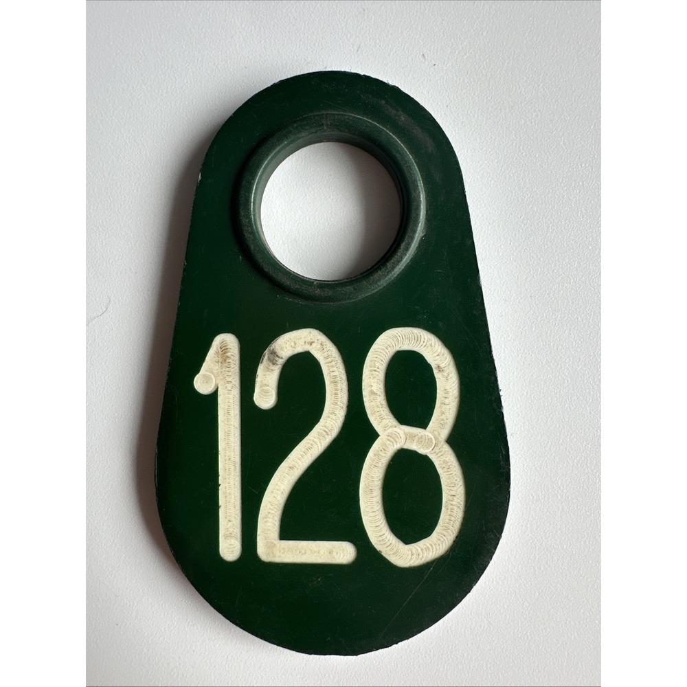 Vintage Cow Number Ear Tag Dairy Farm Cattle Sheep Marker #128 Double Side GREEN